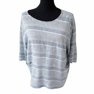 Pure Jill Linen Cotton Striped Top Size L Blue White Relaxed Fit